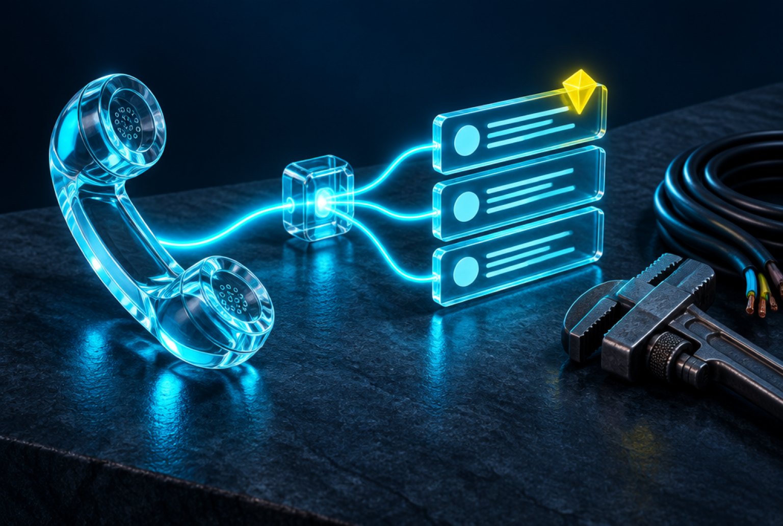 Illustration: a missed call travels along a path of light and becomes one bundled message for the trades business; a pipe wrench and cable stand for plumbing/heating and electrical work.