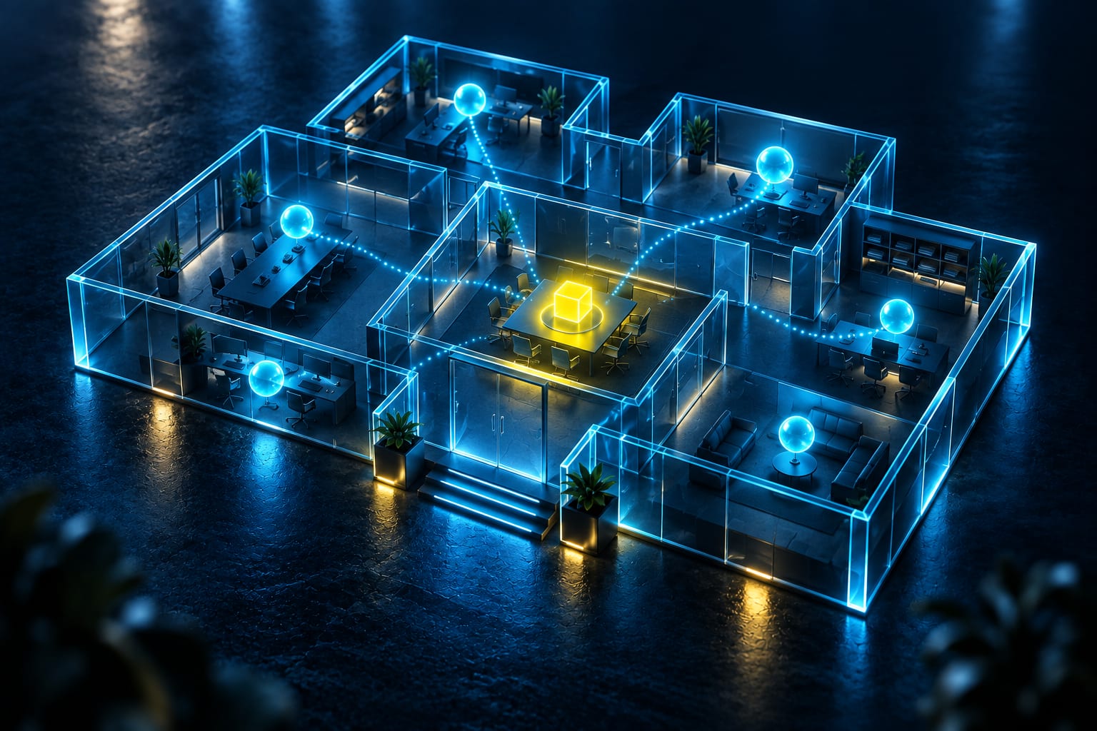 Ilustración: Plano isométrico de oficina de vidrio con esferas de agentes luminosas
