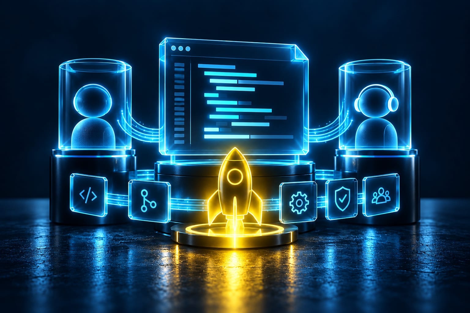 Illustration: Terminal en verre au centre avec des barres de code turquoise, une capsule d'assistant de chaque côté et une fusée en verre jaune en dessous