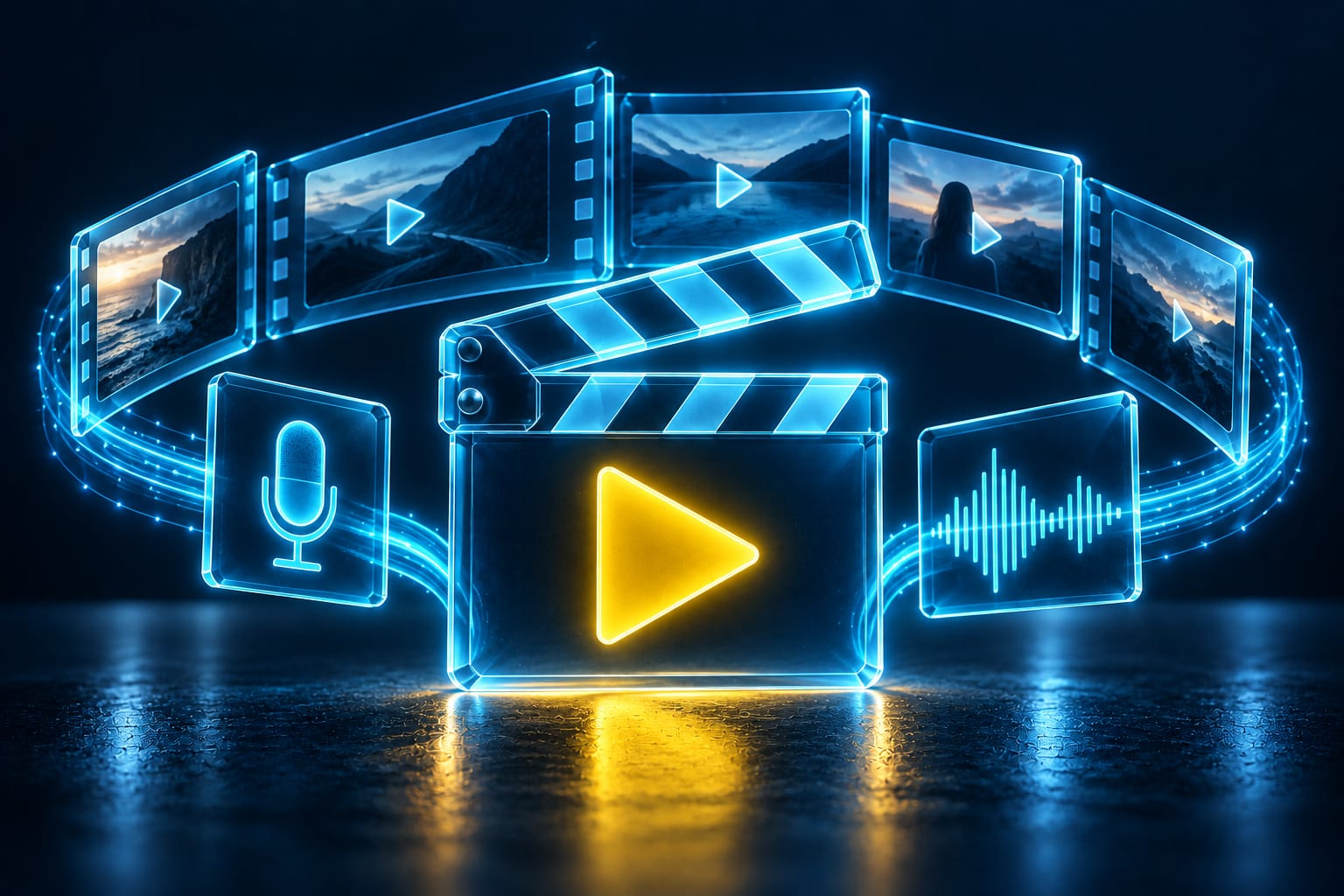 Illustration: Glas-Filmklappe in der Mitte, dahinter ein Fächer aus Video-Frames mit Play-Dreieck, Mikrofon und Wellenform aus Cyan-Licht