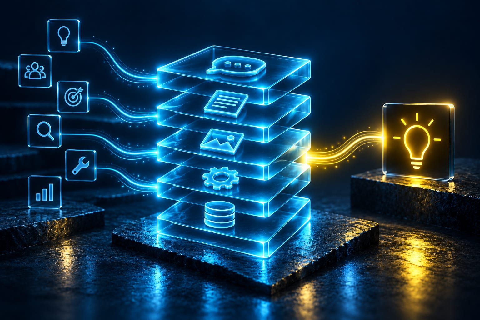 Ilustración: Pila de cinco losas de vidrio como las capas de un stack de software