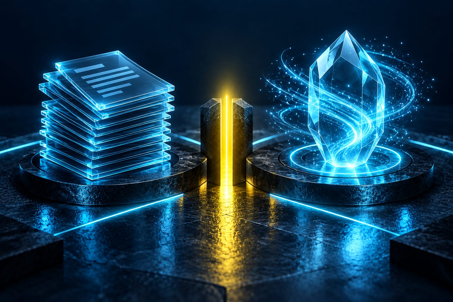 Illustration: Duel: page stack versus crystalline core with wind particles