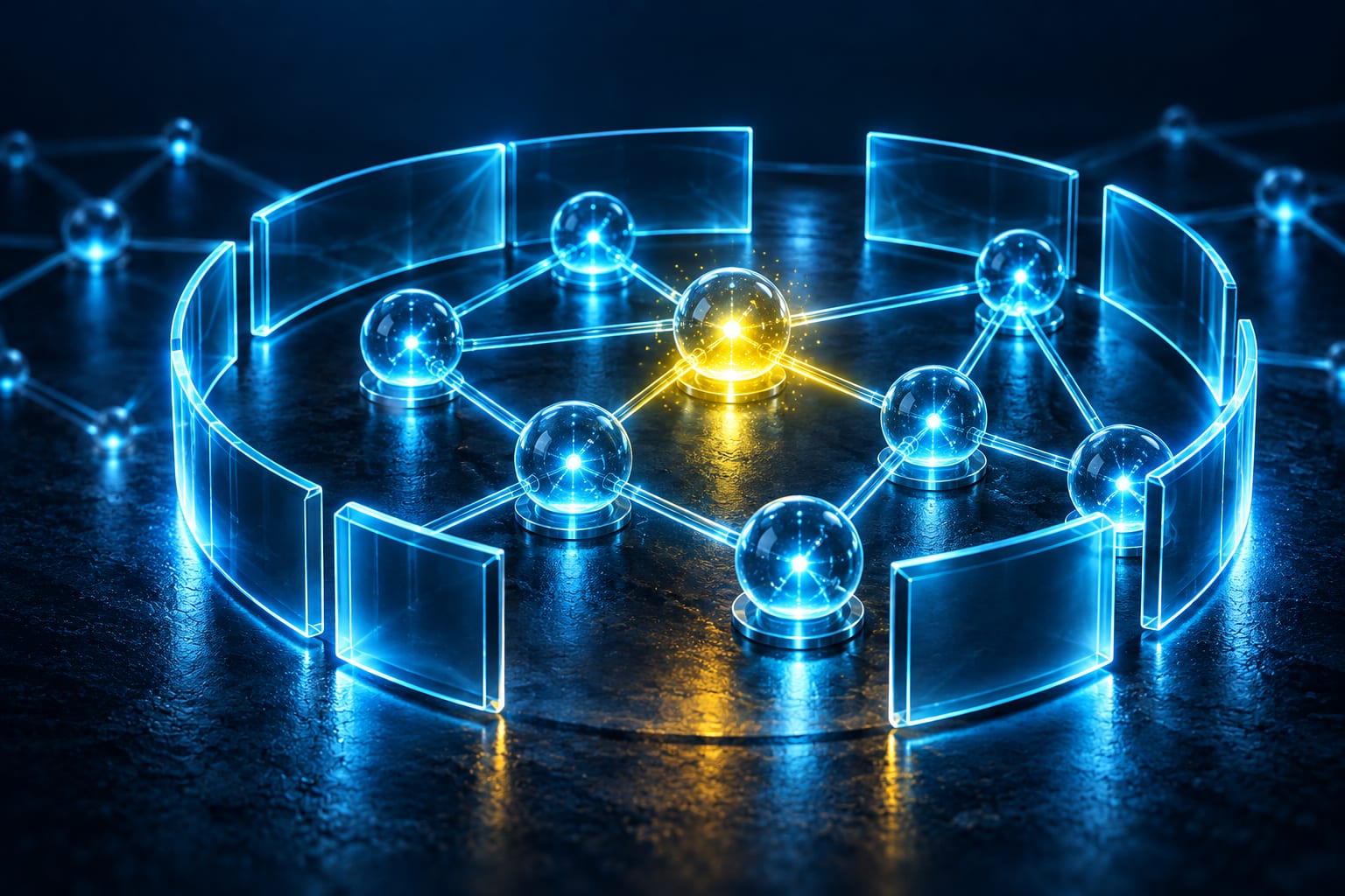 Illustration: Network of glass nodes inside a shield ring, one node pulsing