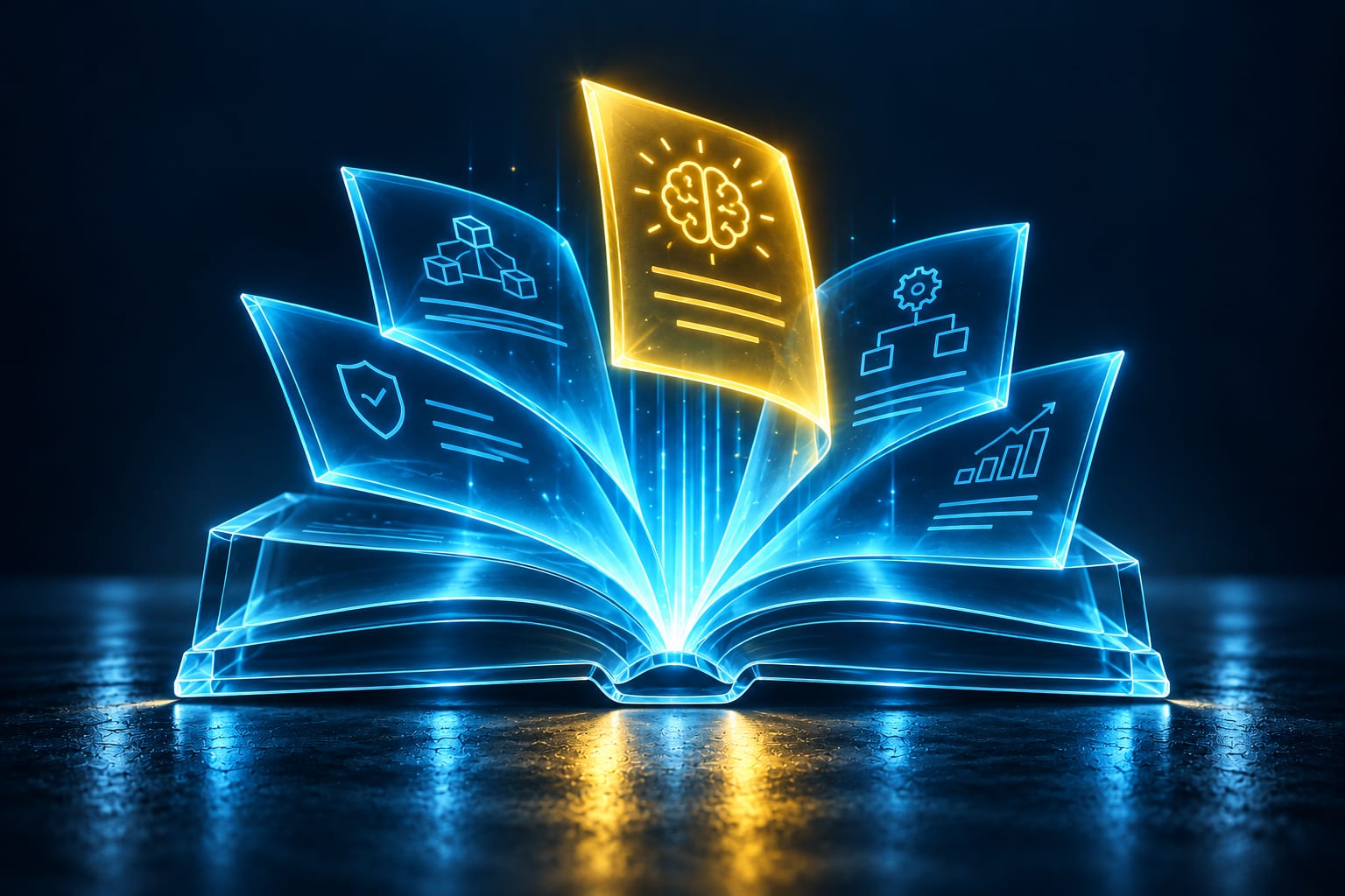 Illustration: Open glass book at the centre with pages rising in cyan light, one yellow page on top