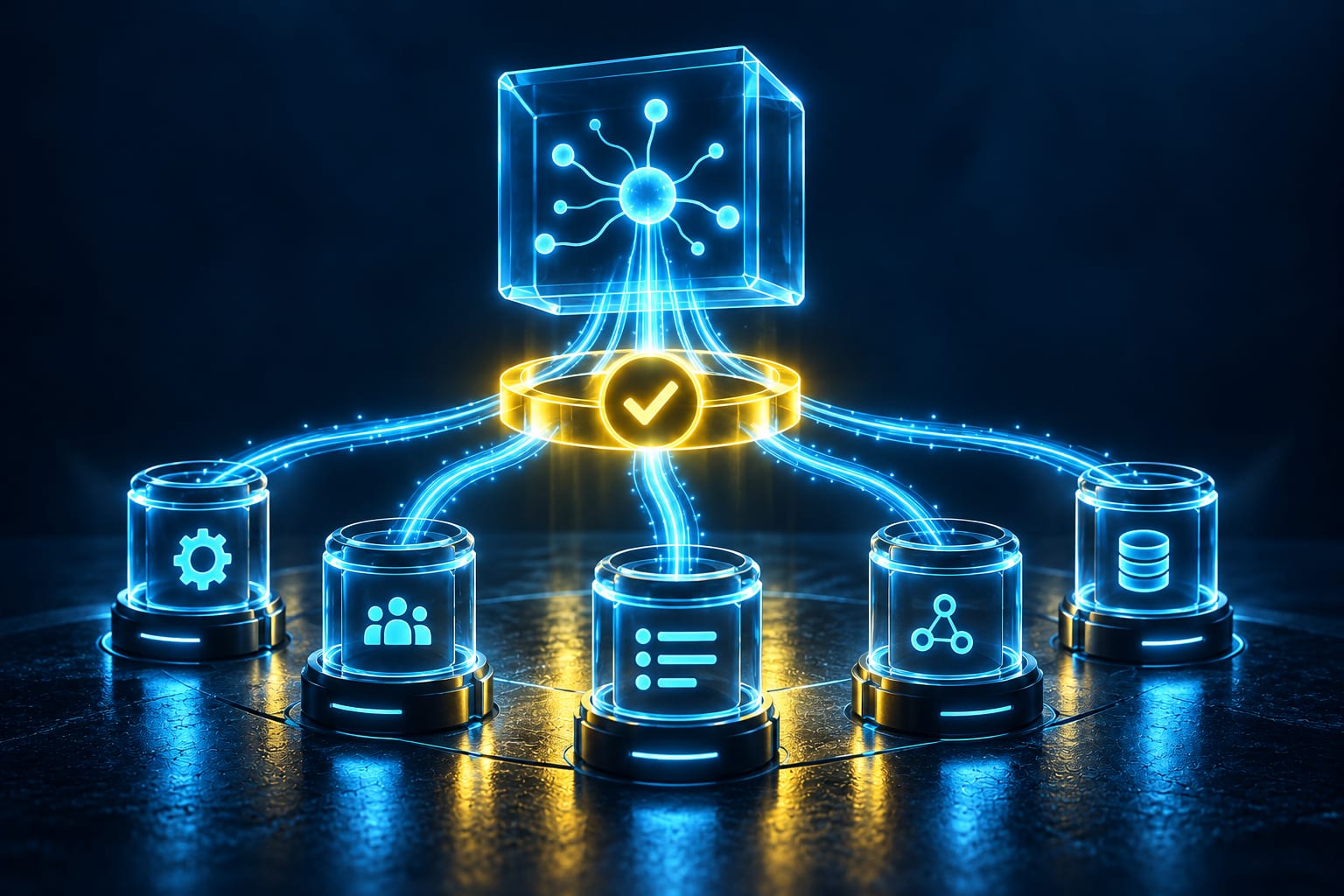Illustration: Nœud de commande en verre au centre au-dessus de cinq capsules d'agents en arc, fils de lumière traversant un anneau d'approbation jaune
