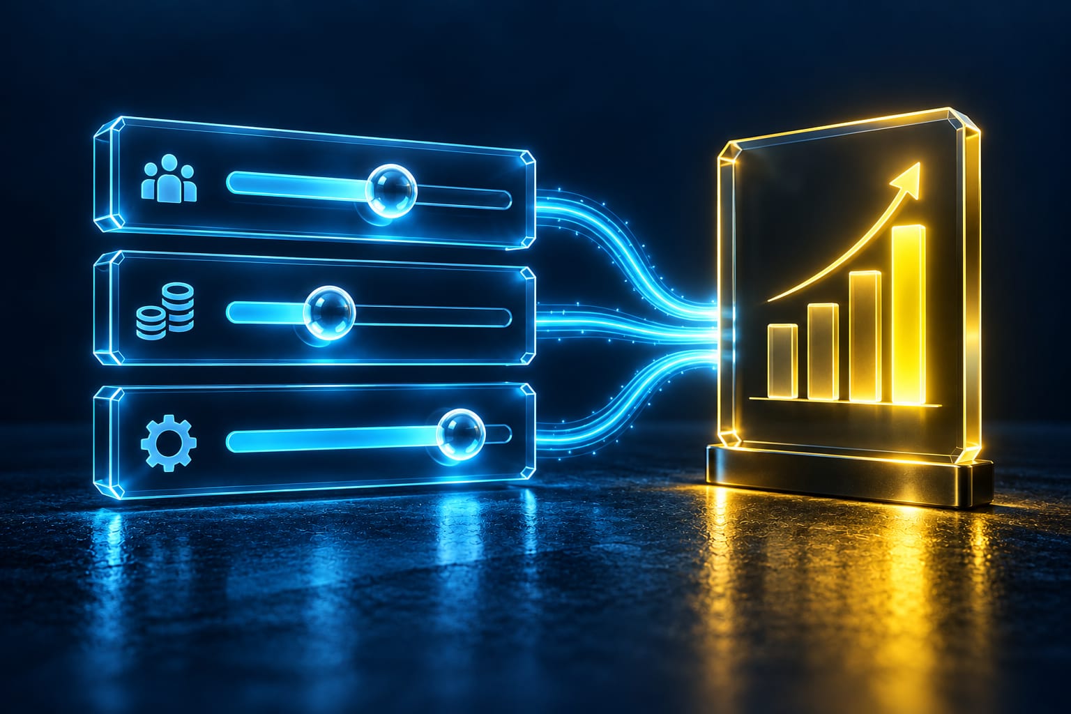 Illustration: Glass slider rails with glowing beads and a yellow result bar