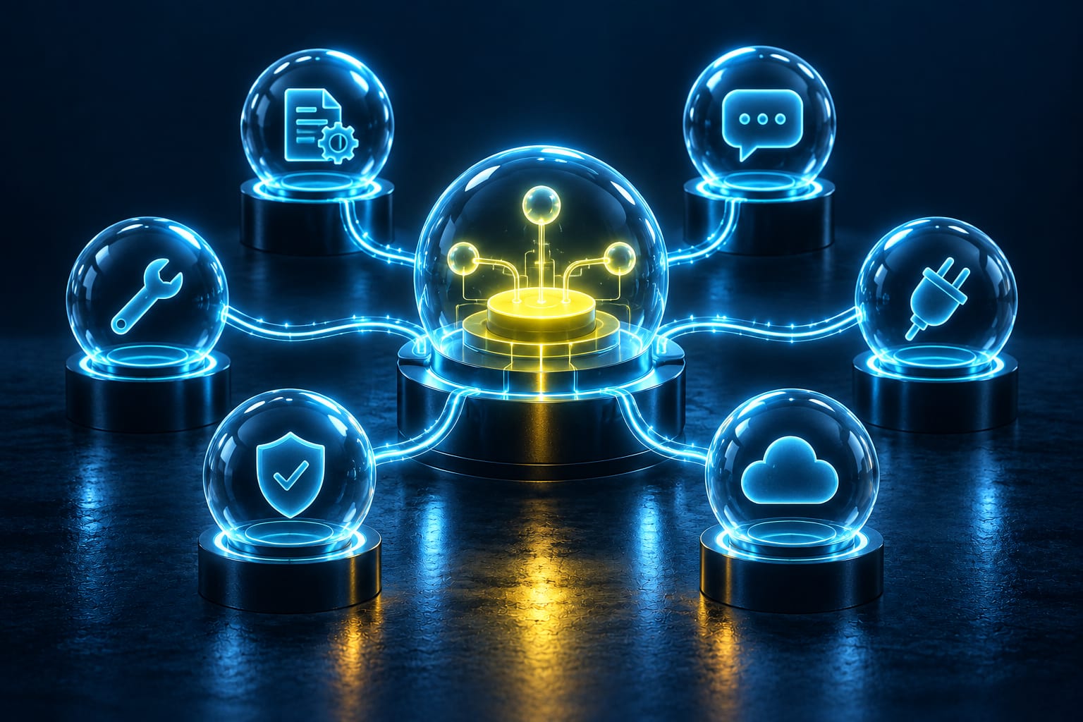Illustration: Kategorie KI-Agenten und Automatisierung: Agenten-Kapseln um einen Orchestrator