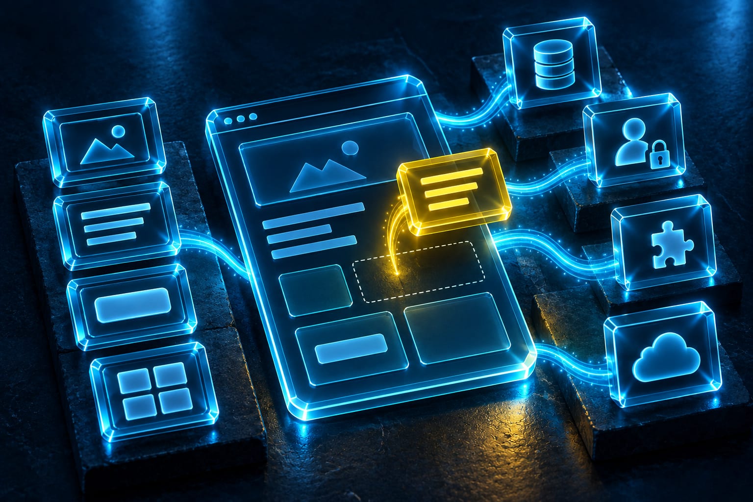 示意图: 类别 AI 应用构建器：由 UI 区块组装而成的线框图