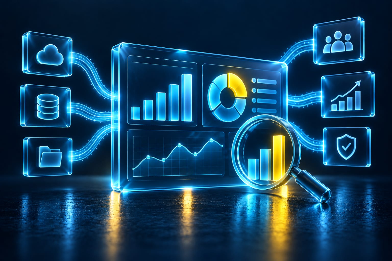 Illustration: Catégorie données et BI par IA : tableau de bord avec graphiques 3D
