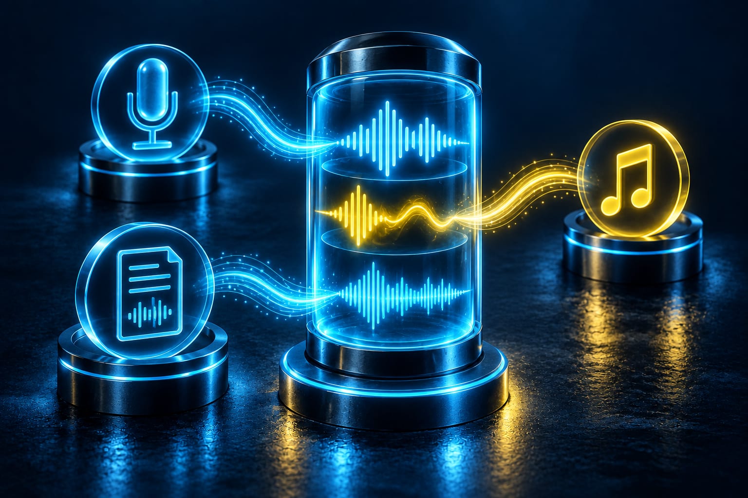 Illustration: Category AI voice and audio: three waveforms through a capsule