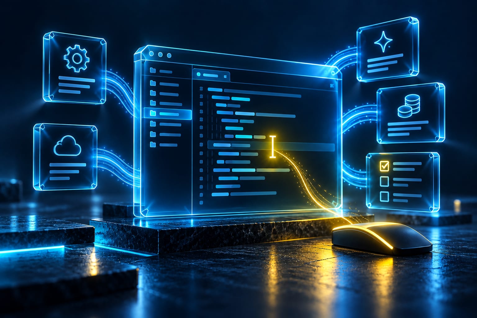 Illustration: Abstrakte Darstellung eines KI-Code-Editors: Code-Panels mit leuchtendem Cursor