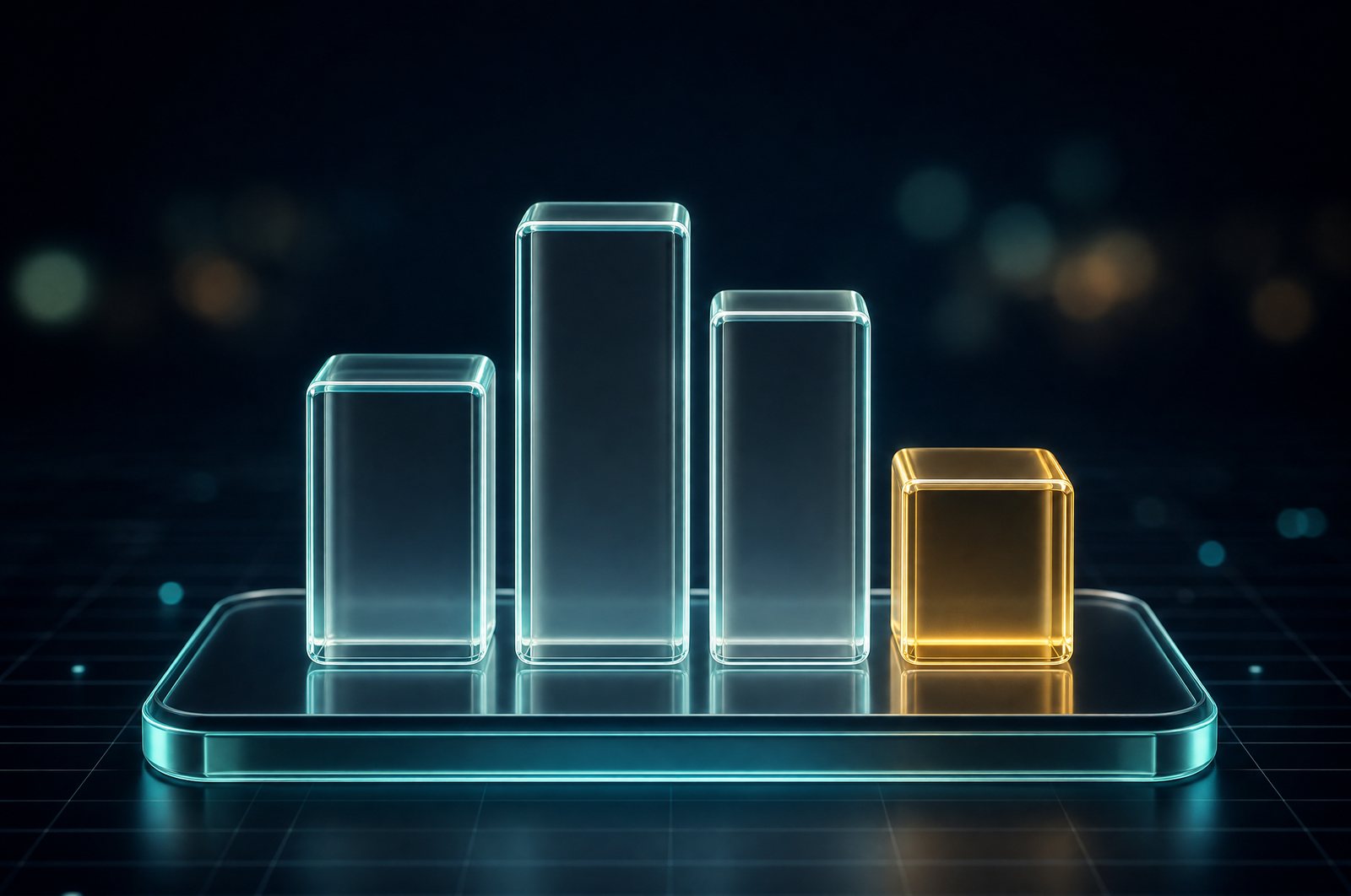 Glas-Kostenblöcke unterschiedlicher Höhe, ein niedriger Block in Gold