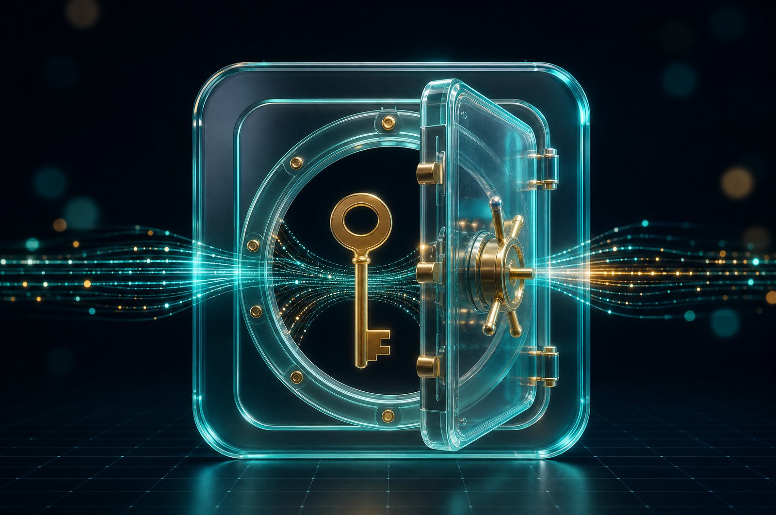 Leicht geöffnete Glas-Tresortür mit Datenströmen und goldenem Schlüssel