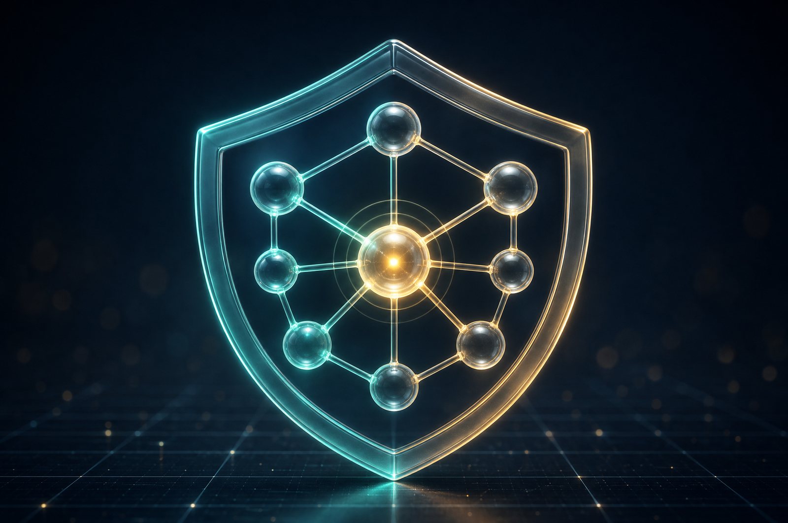 Network of glass nodes inside a shield ring, one node pulsing