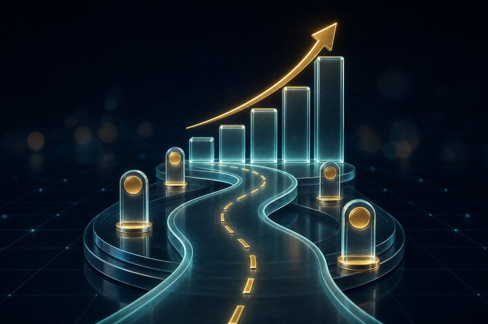 带有里程碑标桩的玻璃道路和一根上升的 ROI 条