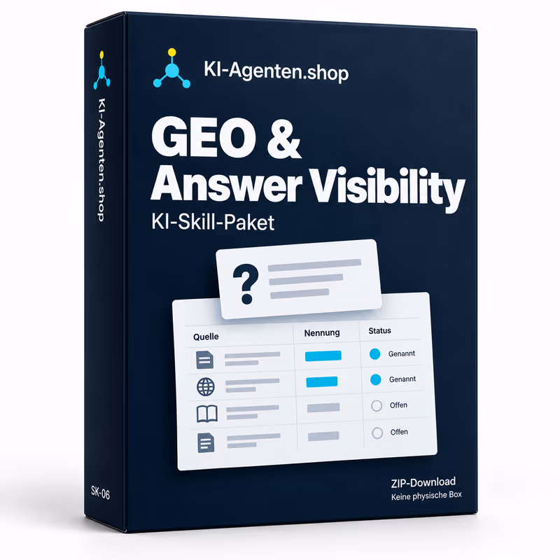 GEO & Answer Visibility: Digitales ZIP-Paket für Ihre eigene KI-Umgebung. Originalcover · keine physische Verpackung.