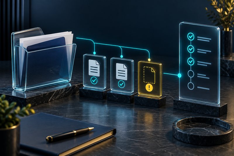 مستندات العميل وقائمة تحقق تعرض الخطوات المكتملة والمعلقة.