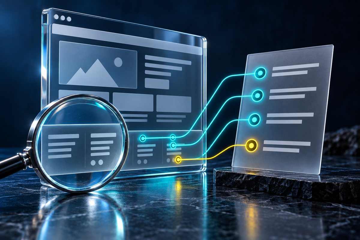GDPR & Legal Notice Check: A magnifier examines a website footer; a checklist highlights an unresolved item.