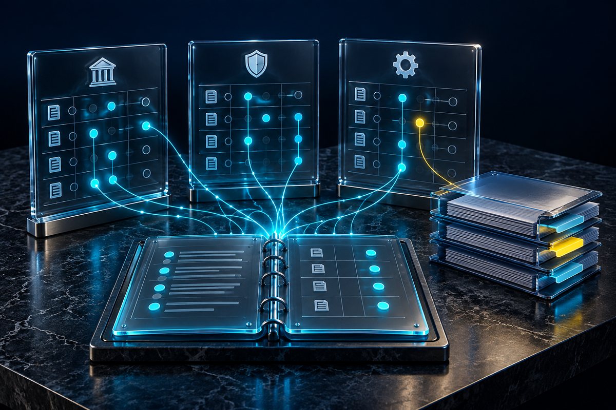 Compliance OS: ترتبط جداول الضوابط بسجل مخاطر وملفات أدلة مع بقاء نقطة مراجعة مفتوحة.