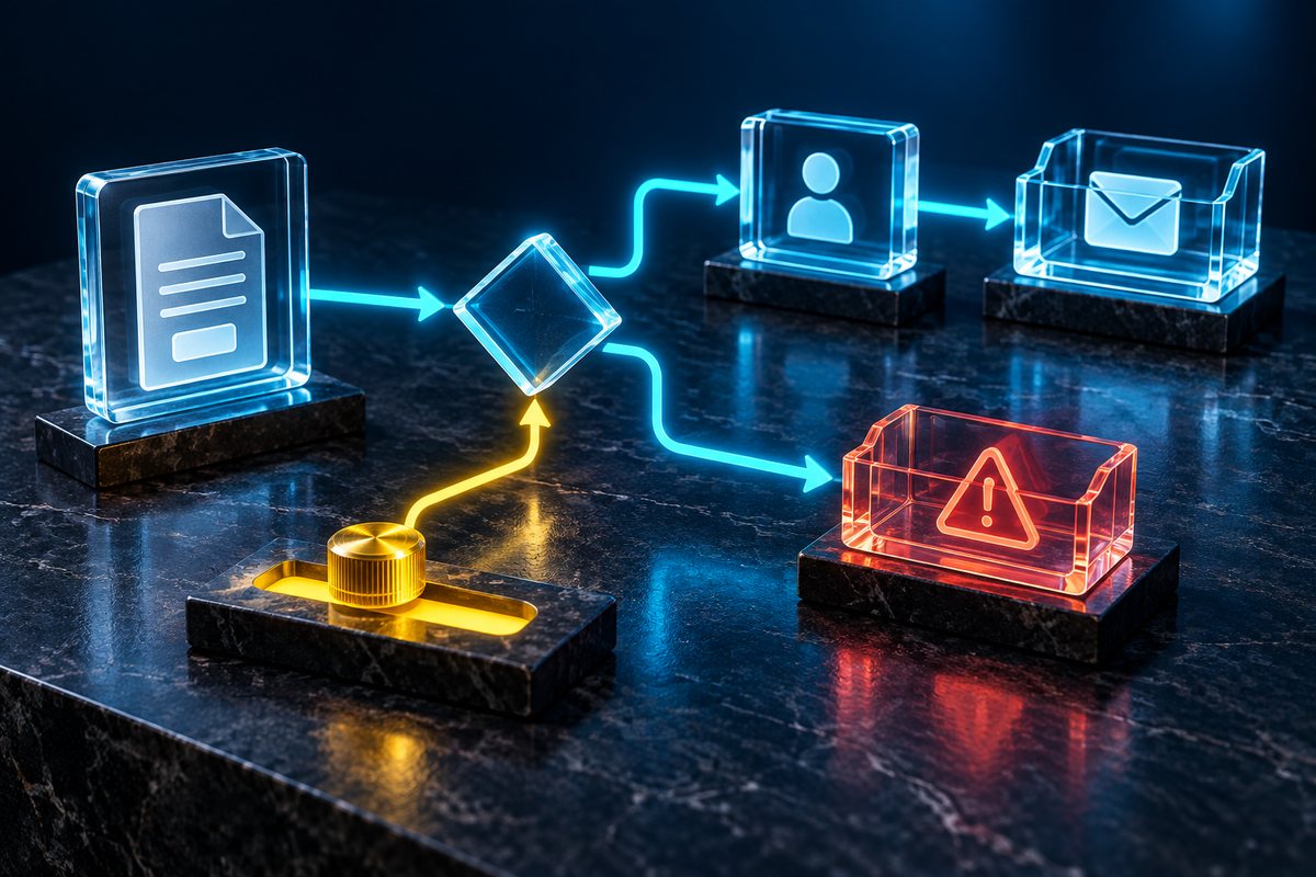 Automations OS n8n: Ein Formular verzweigt in Kontaktverarbeitung und Fehlerbehandlung; ein separater Schalter steht für die Freigabe.