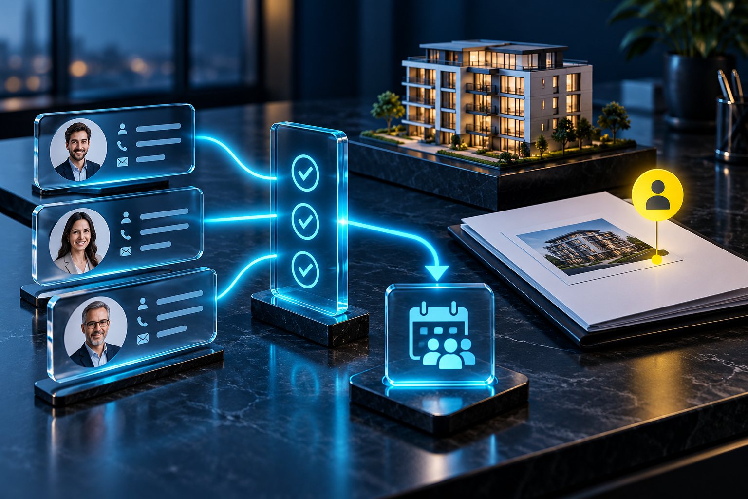 Illustrative Interessentenprofile werden einer Qualifizierung, einem Immobilientermin und einem Exposé zugeordnet.
